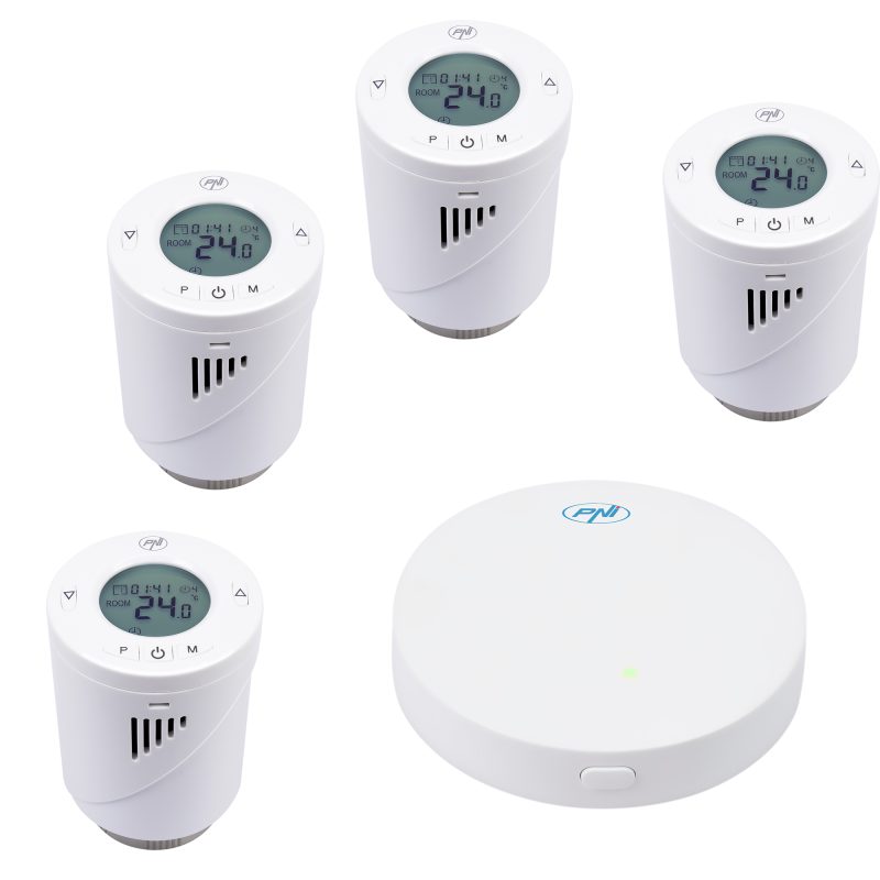 Kit Wifi 4 bucati cap termostatic inteligent PNI CT25T pentru calorifer si Hub PNI CT25WIFI cu control prin Internet